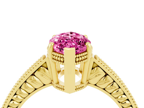 Yellow gold Marquise Cut Pink Sapphire Ring with Milgrain Pavé Band and Four-Prong Setting_40