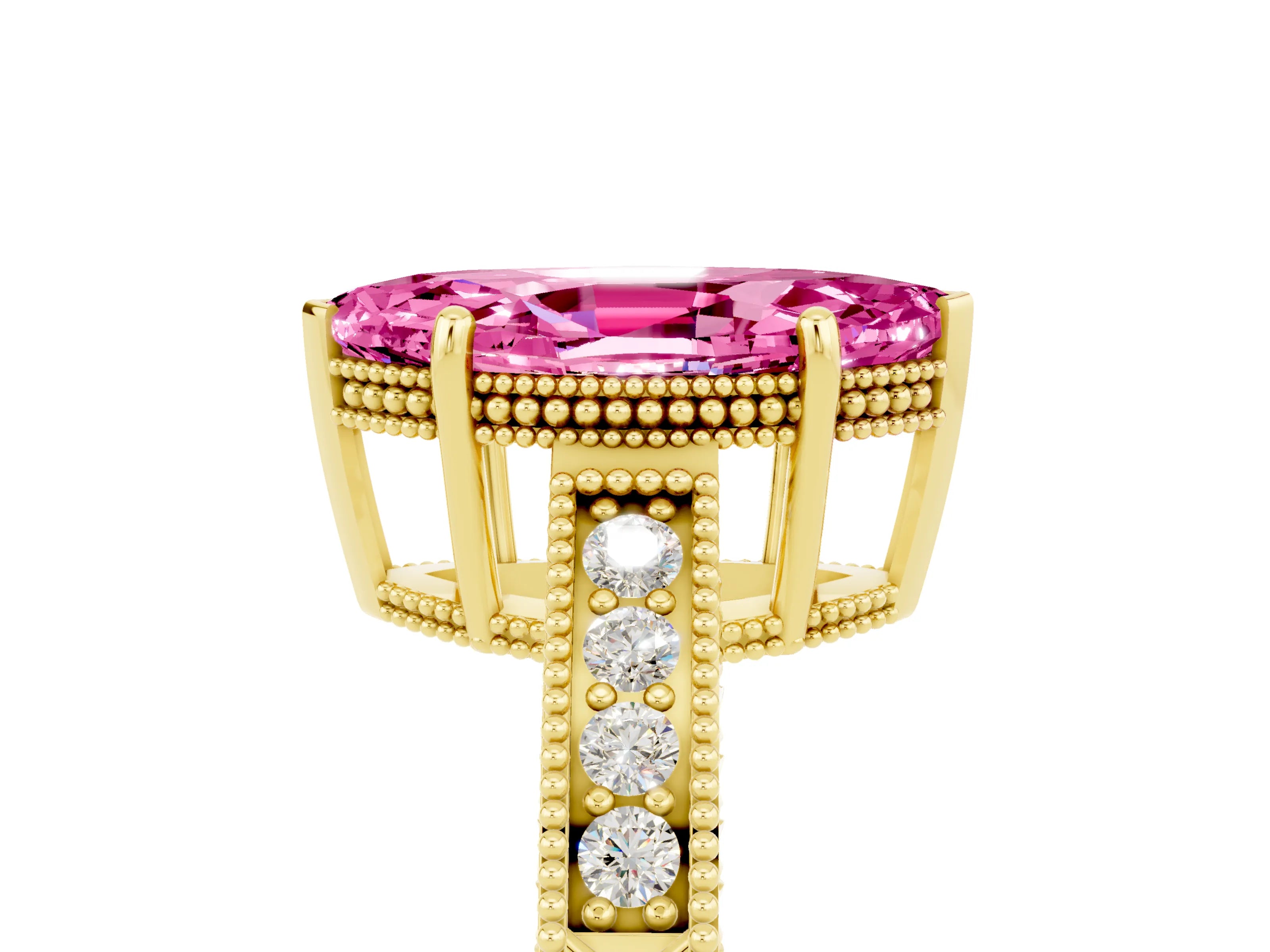 Yellow gold Marquise Cut Pink Sapphire Ring with Milgrain Pavé Band and Four-Prong Setting_41