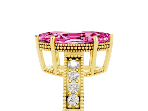 Yellow gold Marquise Cut Pink Sapphire Ring with Milgrain Pavé Band and Four-Prong Setting_41