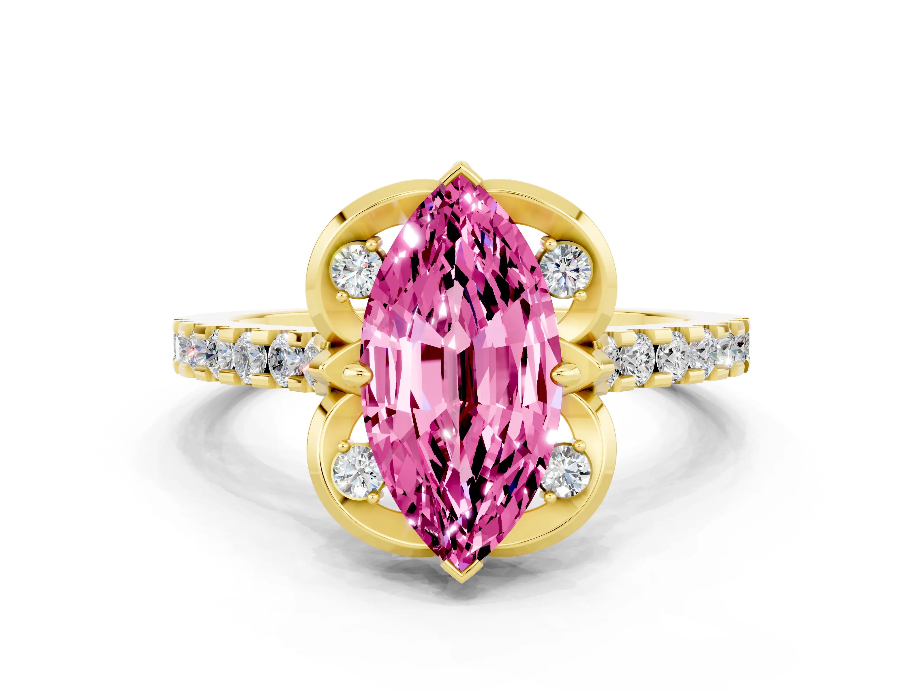 Yellow gold Marquise Cut Pink Sapphire Ring with Pavé Band and Floral Prong Setting