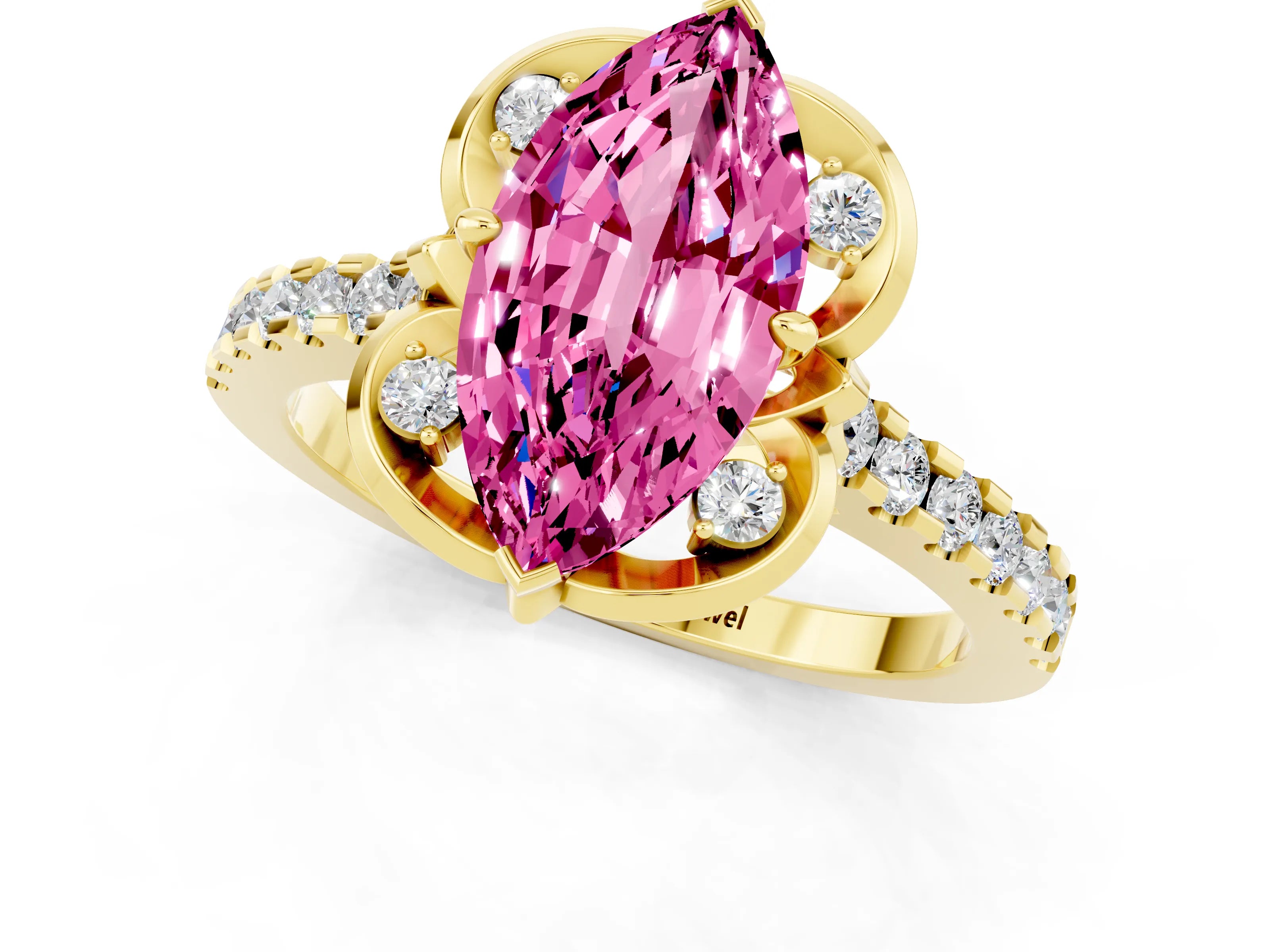 Yellow gold Marquise Cut Pink Sapphire Ring with Pavé Band and Floral Prong Setting_1