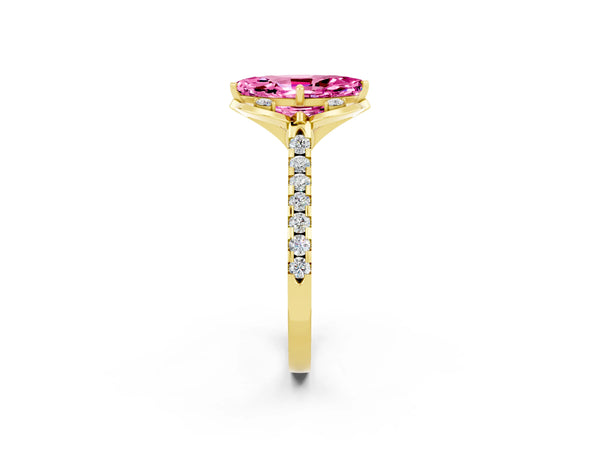 Yellow gold Marquise Cut Pink Sapphire Ring with Pavé Band and Floral Prong Setting