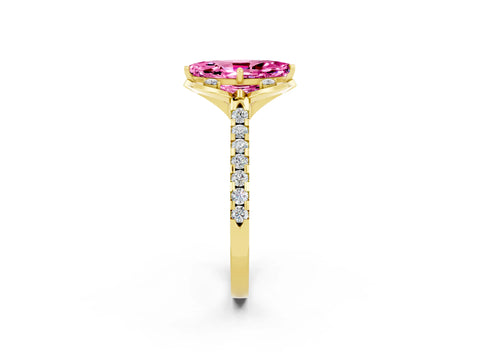 Yellow gold Marquise Cut Pink Sapphire Ring with Pavé Band and Floral Prong Setting_2