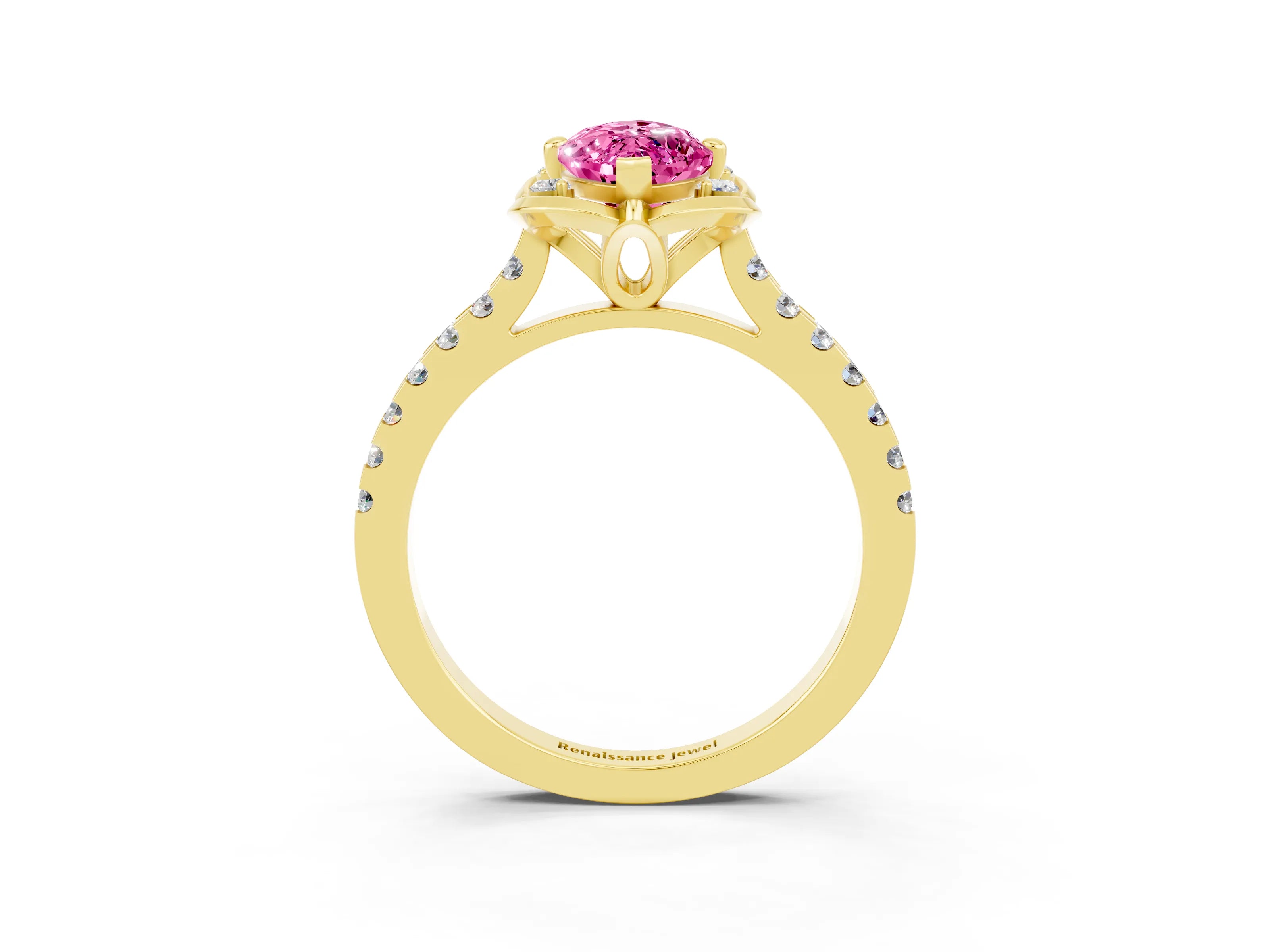 Yellow gold Marquise Cut Pink Sapphire Ring with Pavé Band and Floral Prong Setting_3
