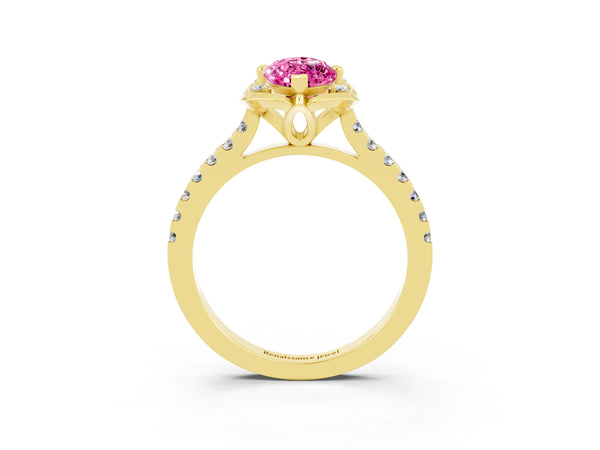 Yellow gold Marquise Cut Pink Sapphire Ring with Pavé Band and Floral Prong Setting