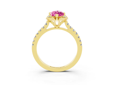 Yellow gold Marquise Cut Pink Sapphire Ring with Pavé Band and Floral Prong Setting_3