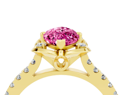 Yellow gold Marquise Cut Pink Sapphire Ring with Pavé Band and Floral Prong Setting_4