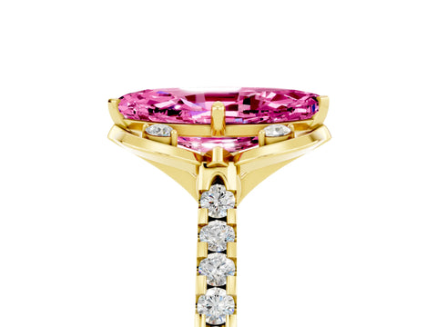Yellow gold Marquise Cut Pink Sapphire Ring with Pavé Band and Floral Prong Setting_5