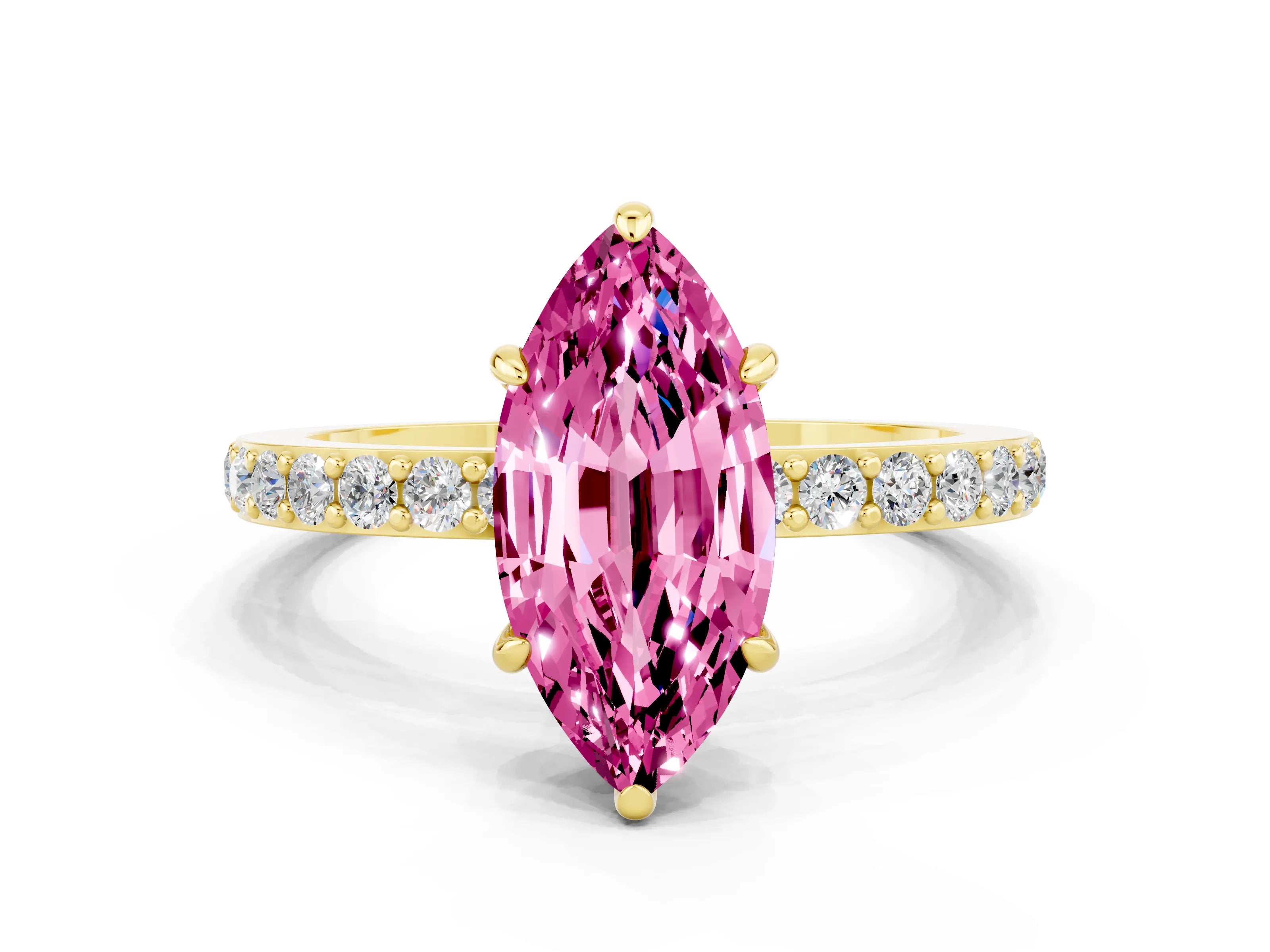 Yellow gold Marquise Cut Pink Sapphire Ring with Pavé Band and Four-Prong Setting_24