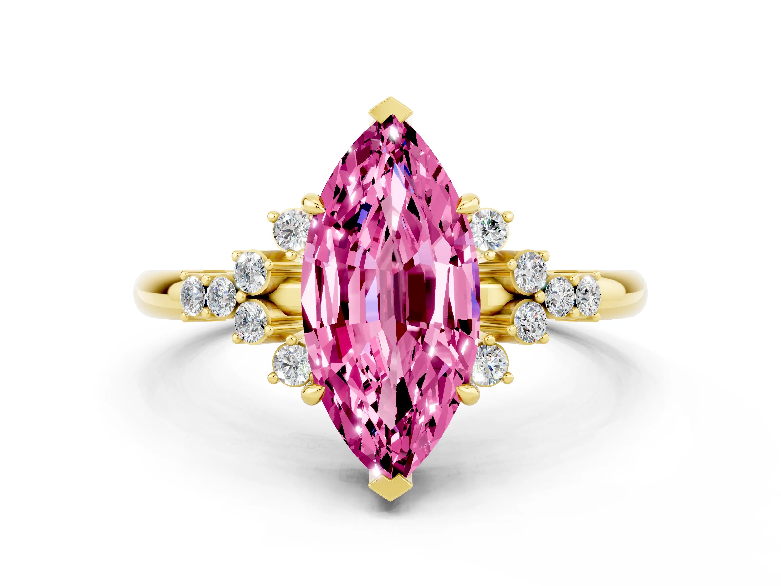 Yellow gold Marquise Cut Pink Sapphire Ring with Side Stones and Four-Prong Setting_60