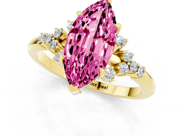 Yellow gold Marquise Cut Pink Sapphire Ring with Side Stones and Four-Prong Setting