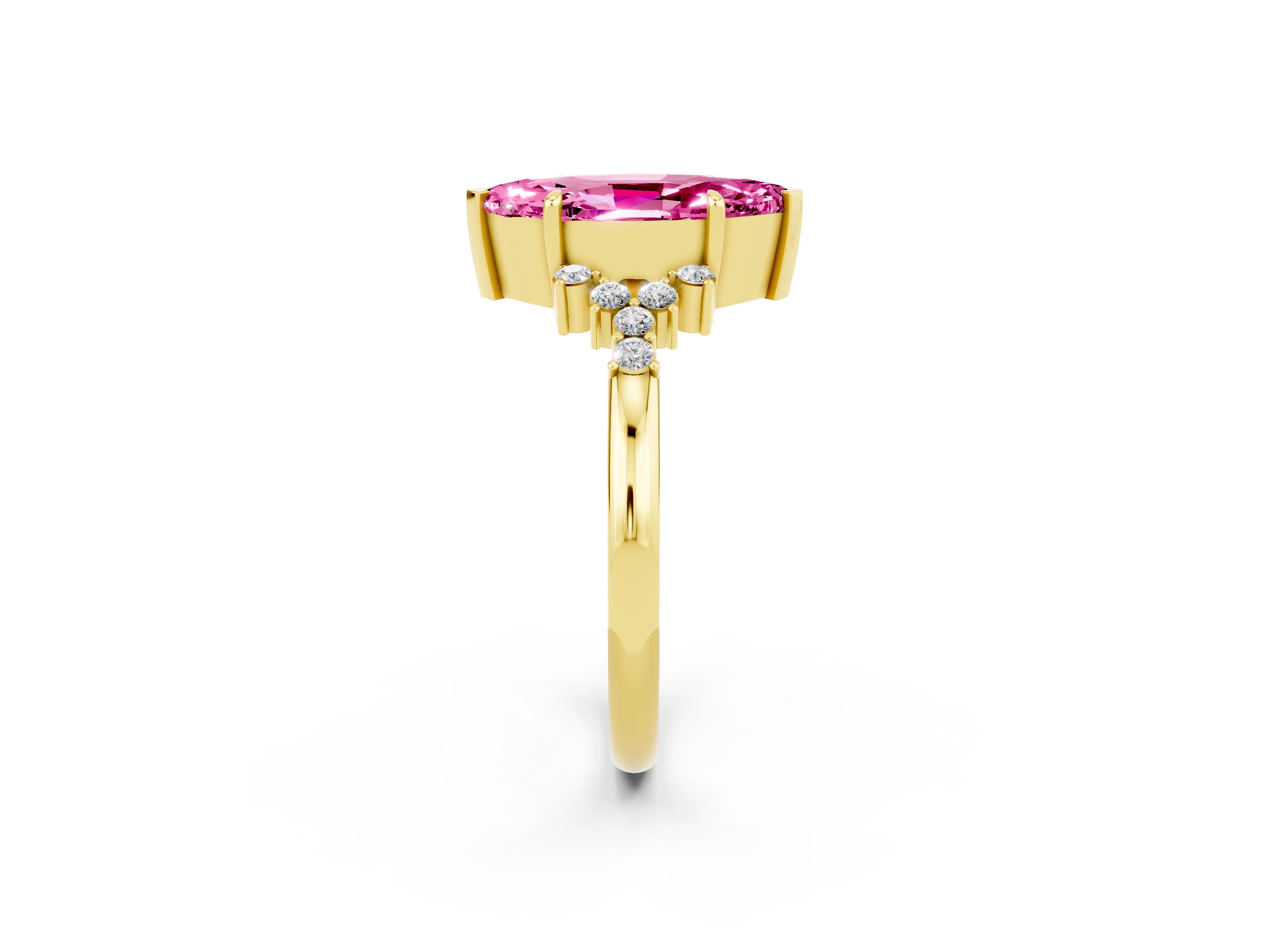 Yellow gold Marquise Cut Pink Sapphire Ring with Side Stones and Four-Prong Setting_62