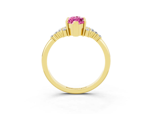 Yellow gold Marquise Cut Pink Sapphire Ring with Side Stones and Four-Prong Setting