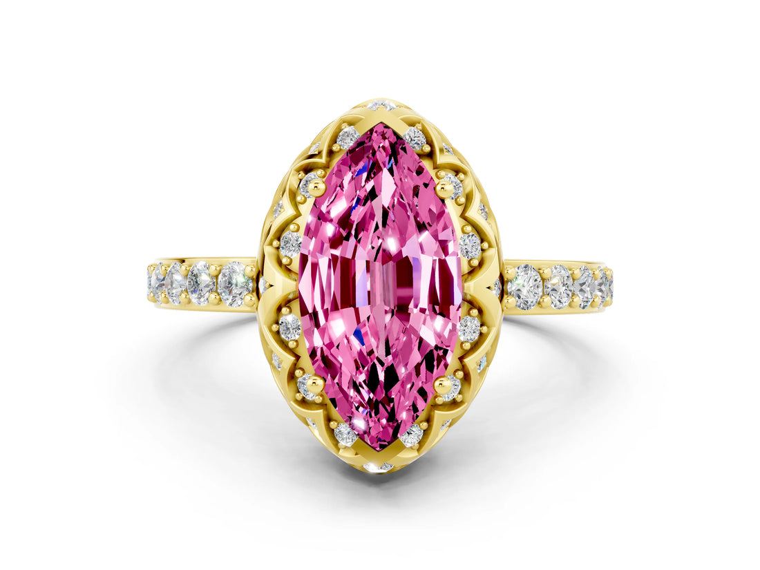 Yellow gold Marquise Cut Pink Sapphire Scalloped Halo Engagement Ring with Round Shared Prong Band_12