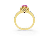 Yellow gold Marquise Cut Pink Sapphire Scalloped Halo Engagement Ring with Round Shared Prong Band_15