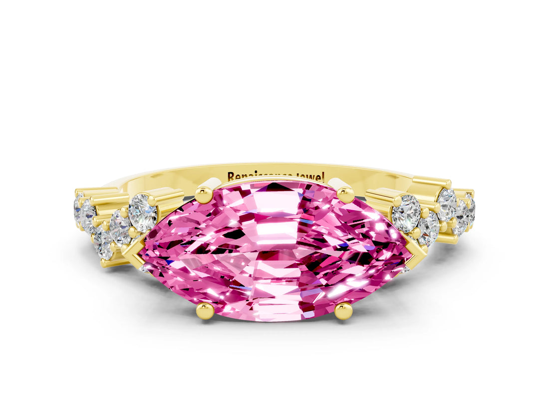 Yellow gold Marquise Cut Pink Sapphire Scattered Round Accent Ring with Prong Setting_12