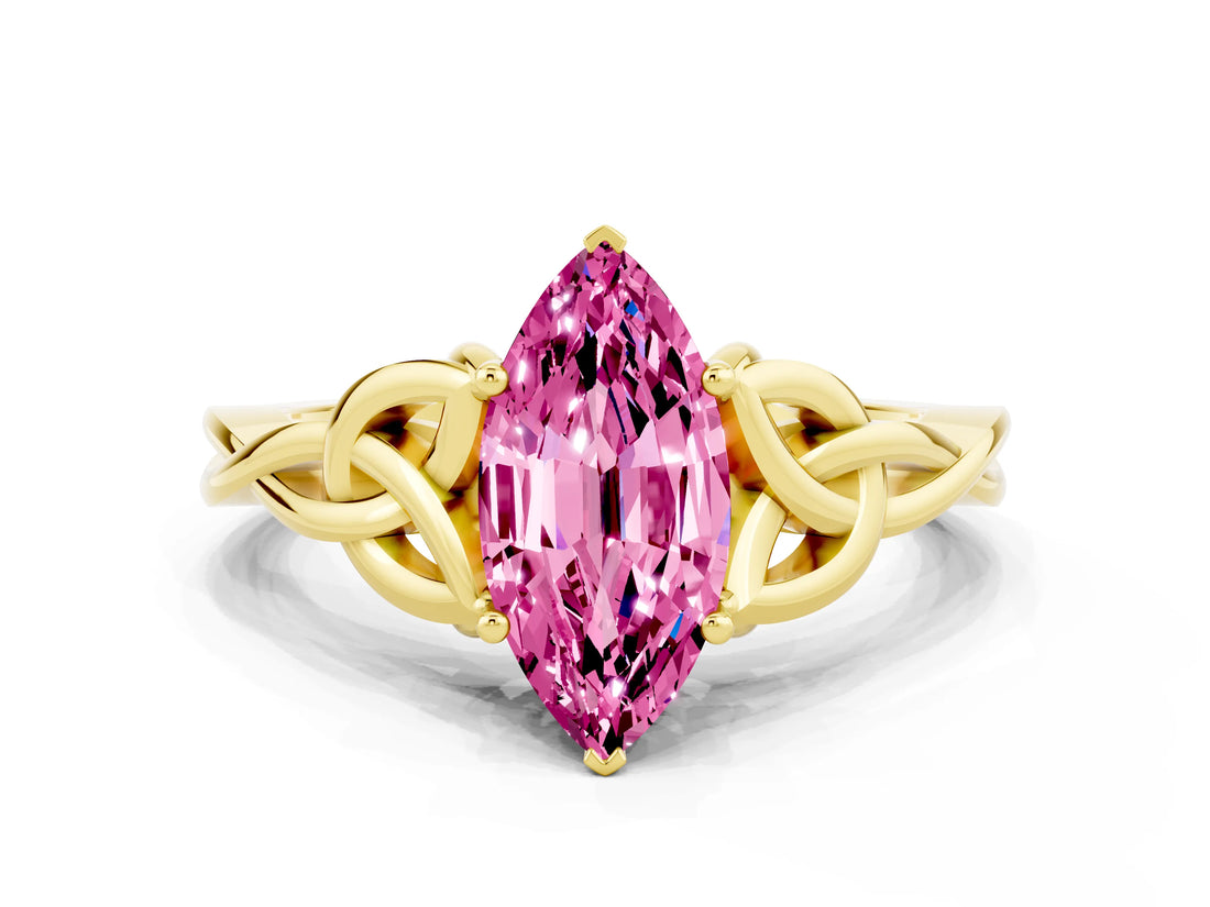 Yellow gold Marquise Cut Pink Sapphire Solitaire Celtic Knot Ring with Four-Prong Setting_24