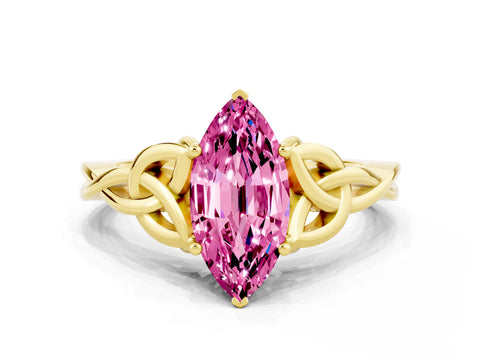 Yellow gold Marquise Cut Pink Sapphire Solitaire Celtic Knot Ring with Four-Prong Setting_24