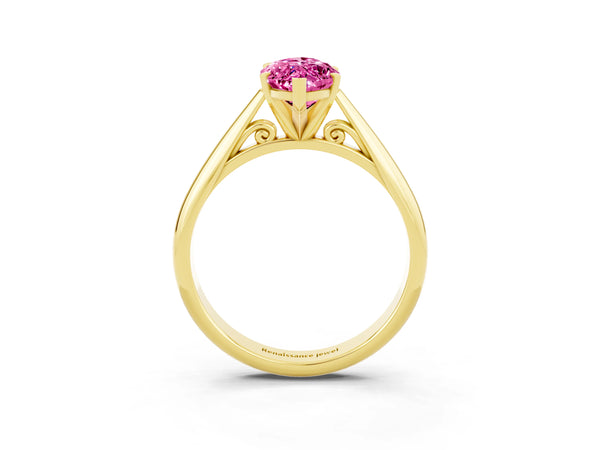Yellow gold Marquise Cut Pink Sapphire Solitaire Engagement Ring with Cathedral Setting and Four-Prong Mount