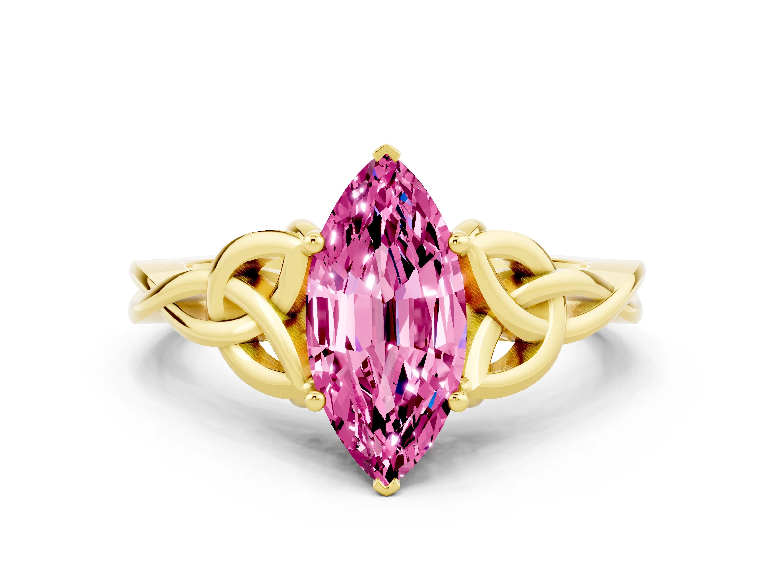Yellow gold Marquise Cut Pink Sapphire Solitaire Engagement Ring with Celtic Knot Band and Four-Prong Setting_24