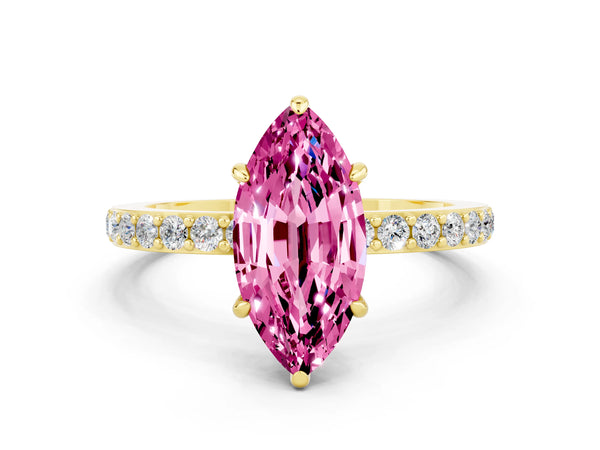 Yellow gold Marquise Cut Pink Sapphire Solitaire Engagement Ring with Pavé Band and Four-Prong Setting