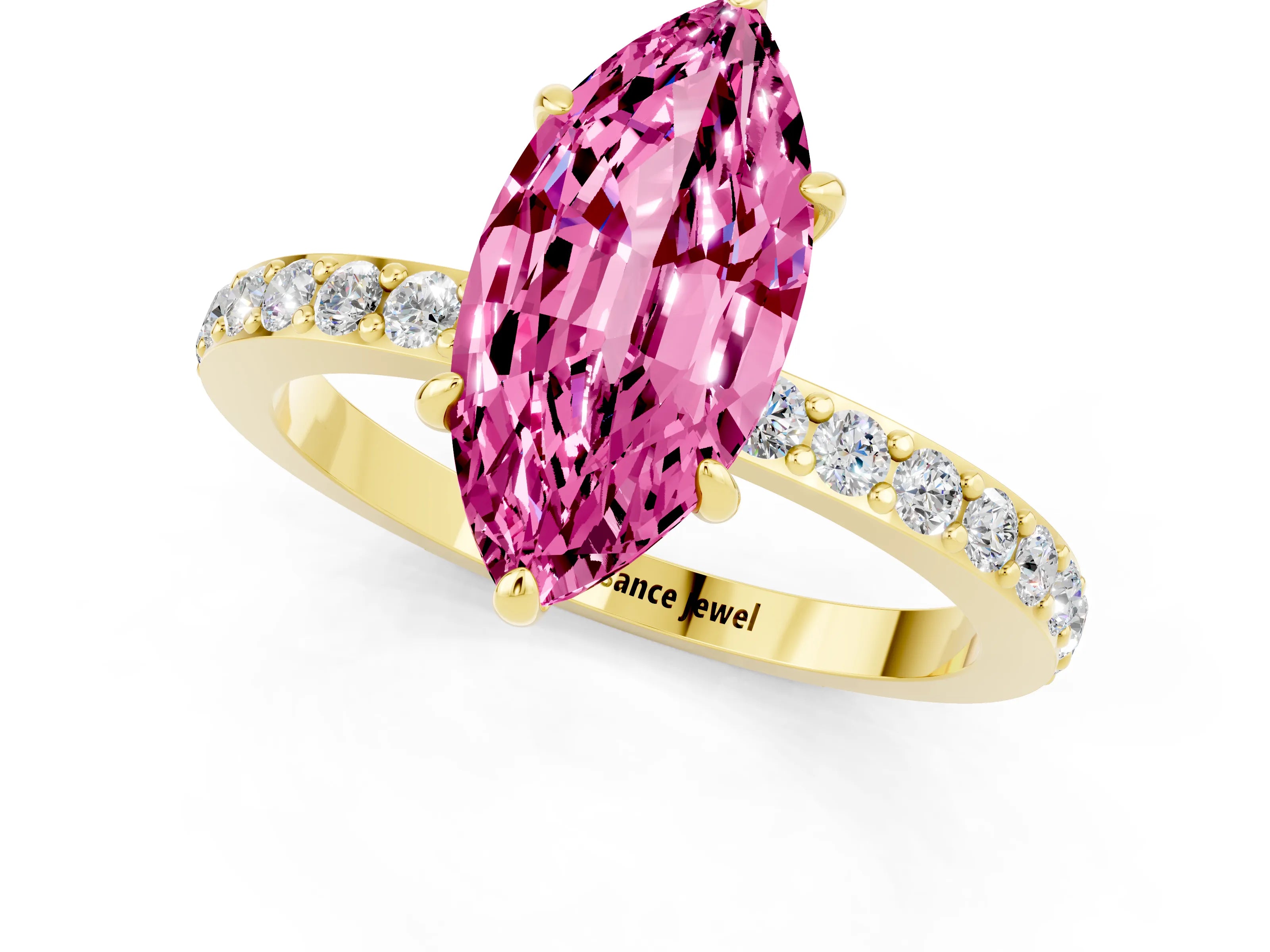 Yellow gold Marquise Cut Pink Sapphire Solitaire Engagement Ring with Pavé Band and Four-Prong Setting_25