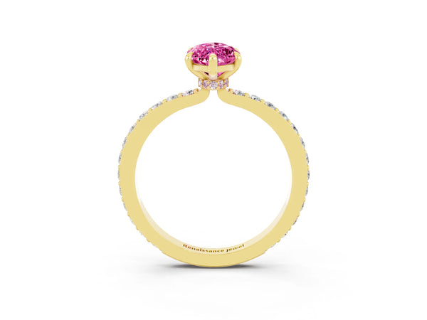 Yellow gold Marquise Cut Pink Sapphire Solitaire Engagement Ring with Pavé Band and Four-Prong Setting