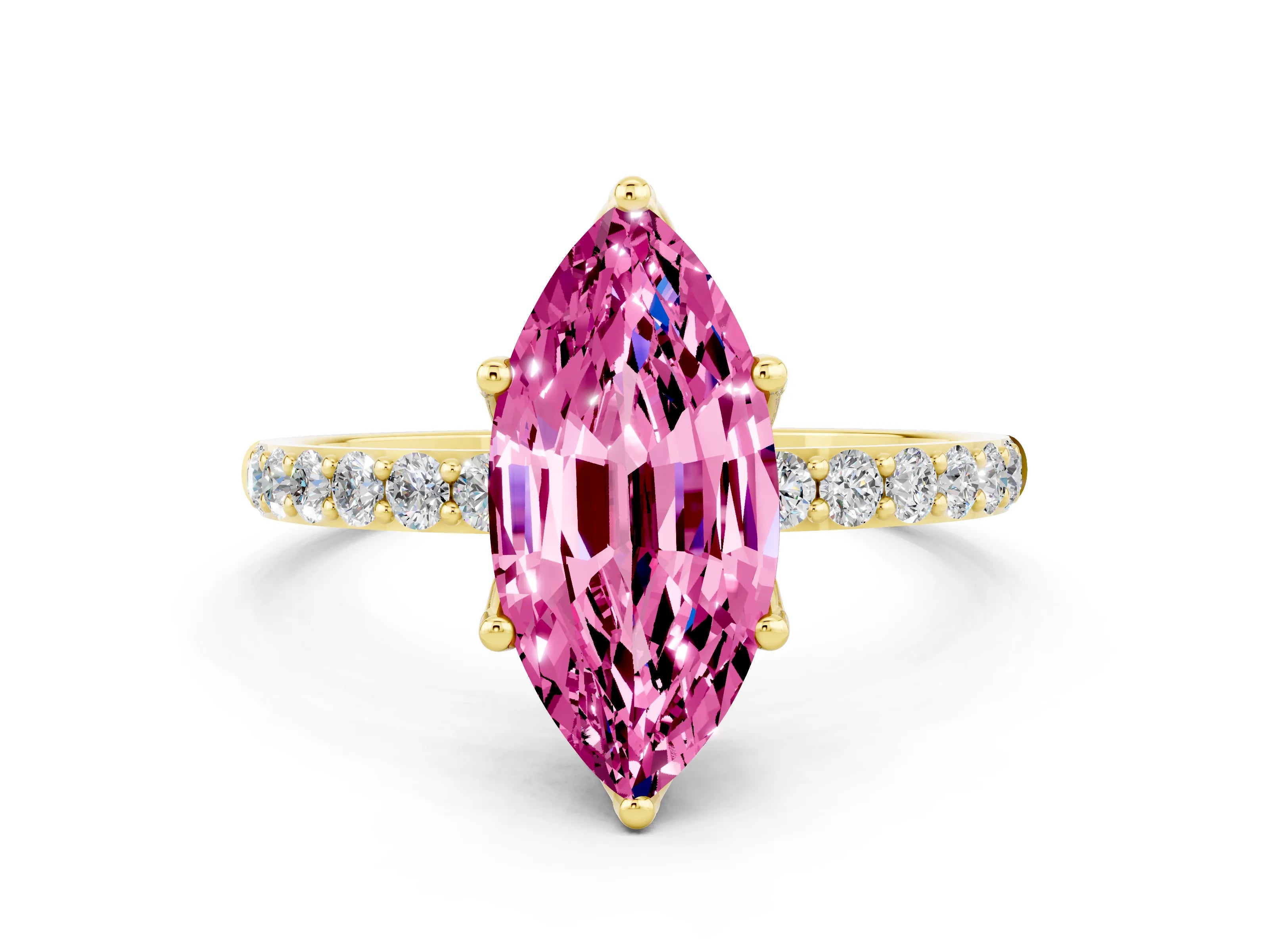 Yellow gold Marquise Cut Pink Sapphire Solitaire Engagement Ring with Pavé Band and Prong Setting