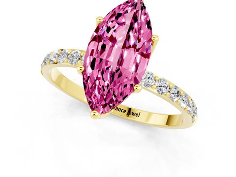 Yellow gold Marquise Cut Pink Sapphire Solitaire Engagement Ring with Pavé Band and Prong Setting_1