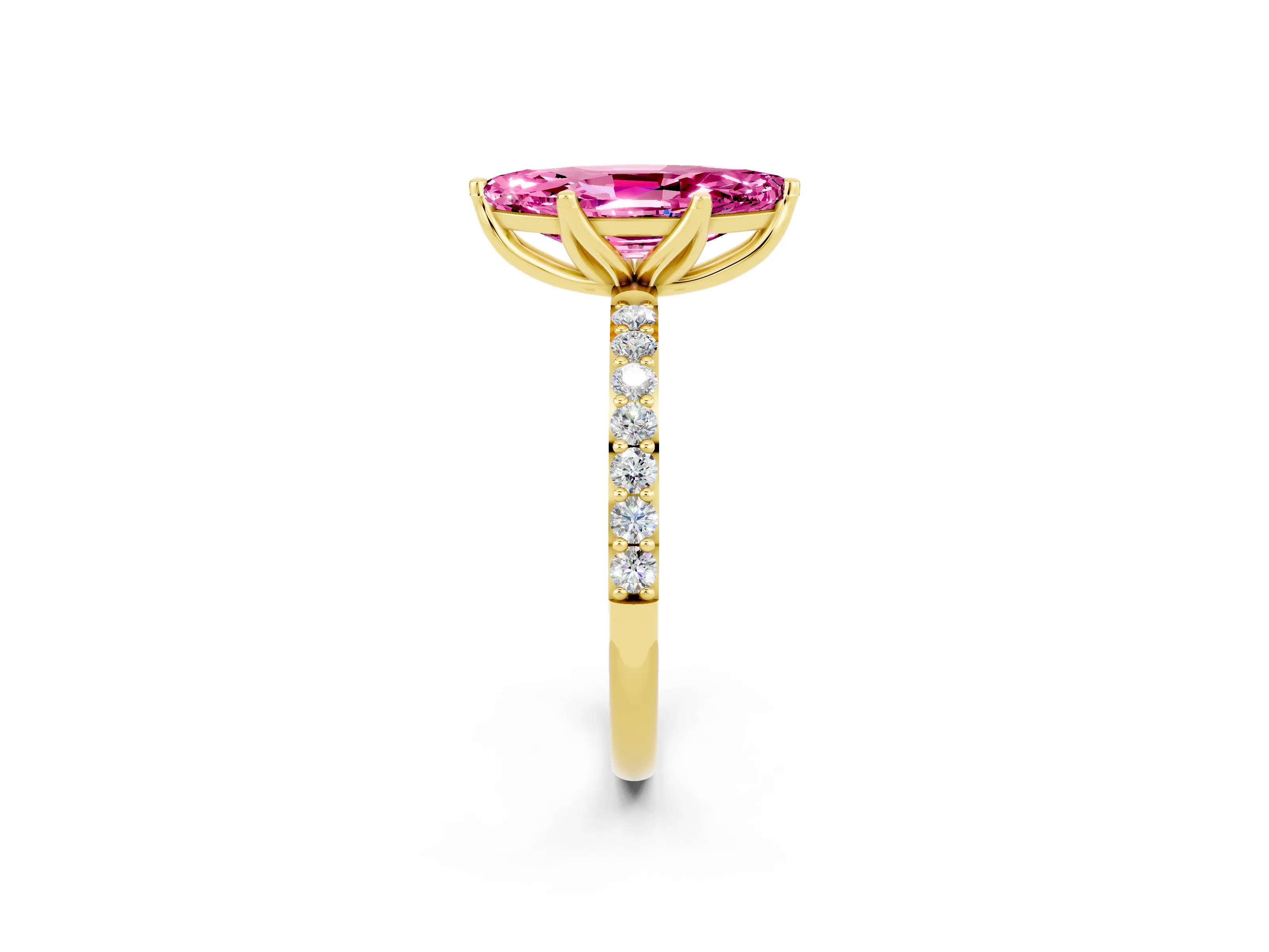 Yellow gold Marquise Cut Pink Sapphire Solitaire Engagement Ring with Pavé Band and Prong Setting_2
