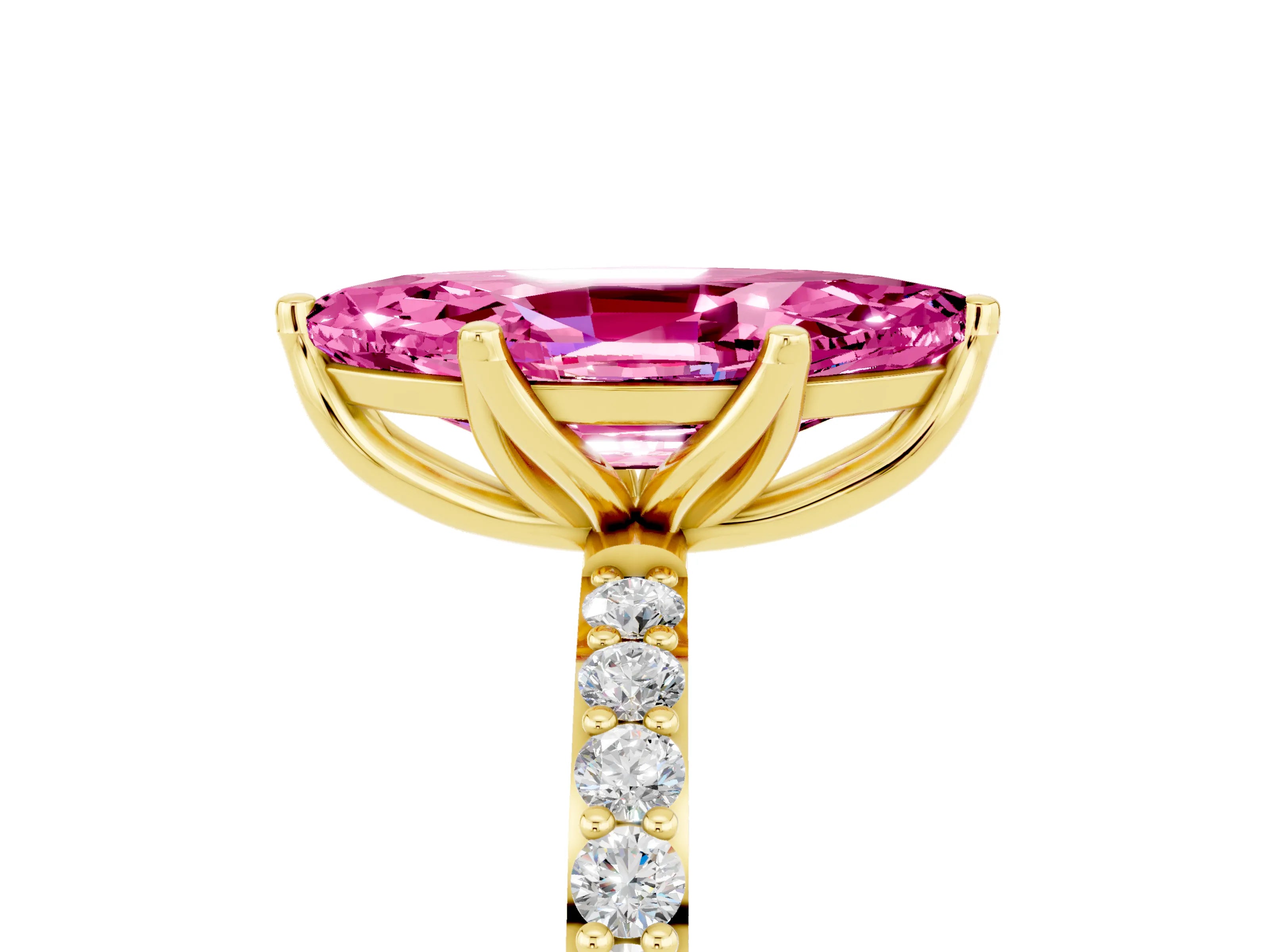 Yellow gold Marquise Cut Pink Sapphire Solitaire Engagement Ring with Pavé Band and Prong Setting_5