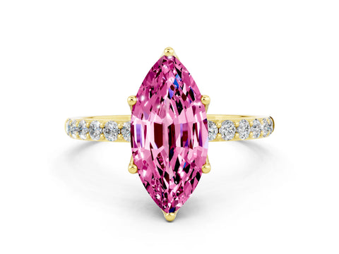 Yellow gold Marquise Cut Pink Sapphire Solitaire Engagement Ring with Pavé Band and Prong Setting