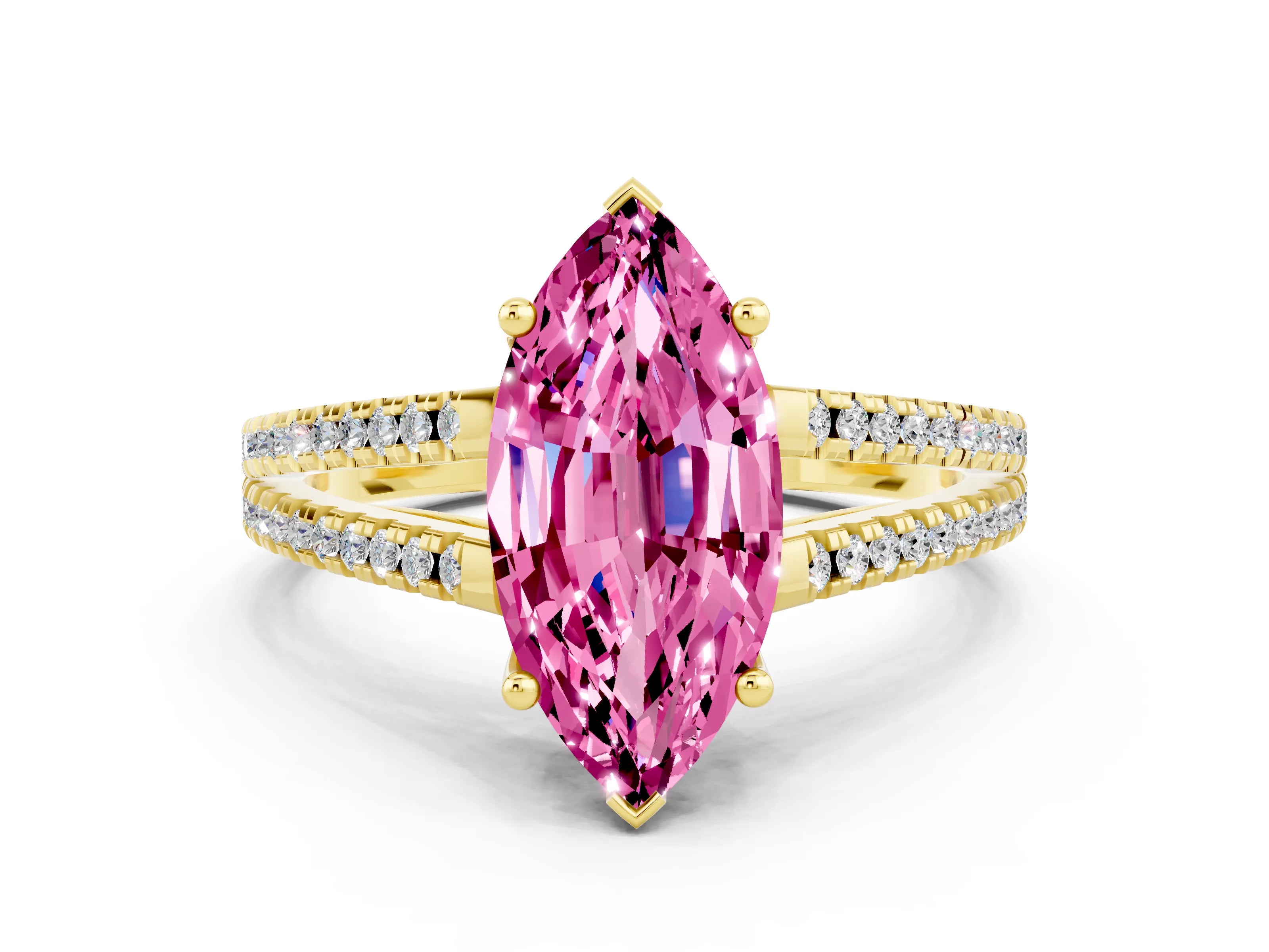 Yellow gold Marquise Cut Pink Sapphire Solitaire Engagement Ring with Split Shank Pavé Band_12