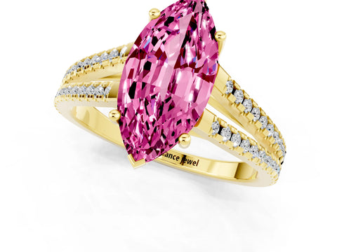 Yellow gold Marquise Cut Pink Sapphire Solitaire Engagement Ring with Split Shank Pavé Band_13