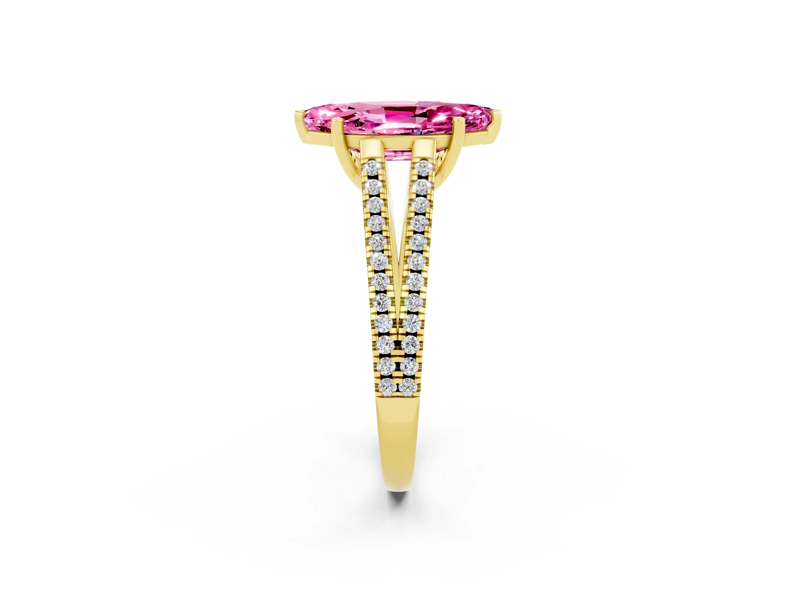 Yellow gold Marquise Cut Pink Sapphire Solitaire Engagement Ring with Split Shank Pavé Band_14