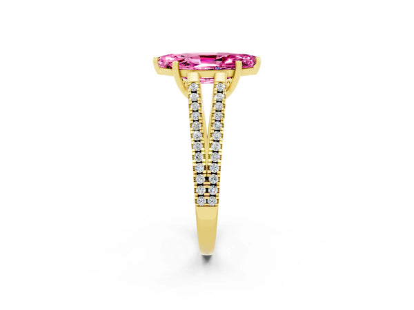 Yellow gold Marquise Cut Pink Sapphire Solitaire Engagement Ring with Split Shank Pavé Band