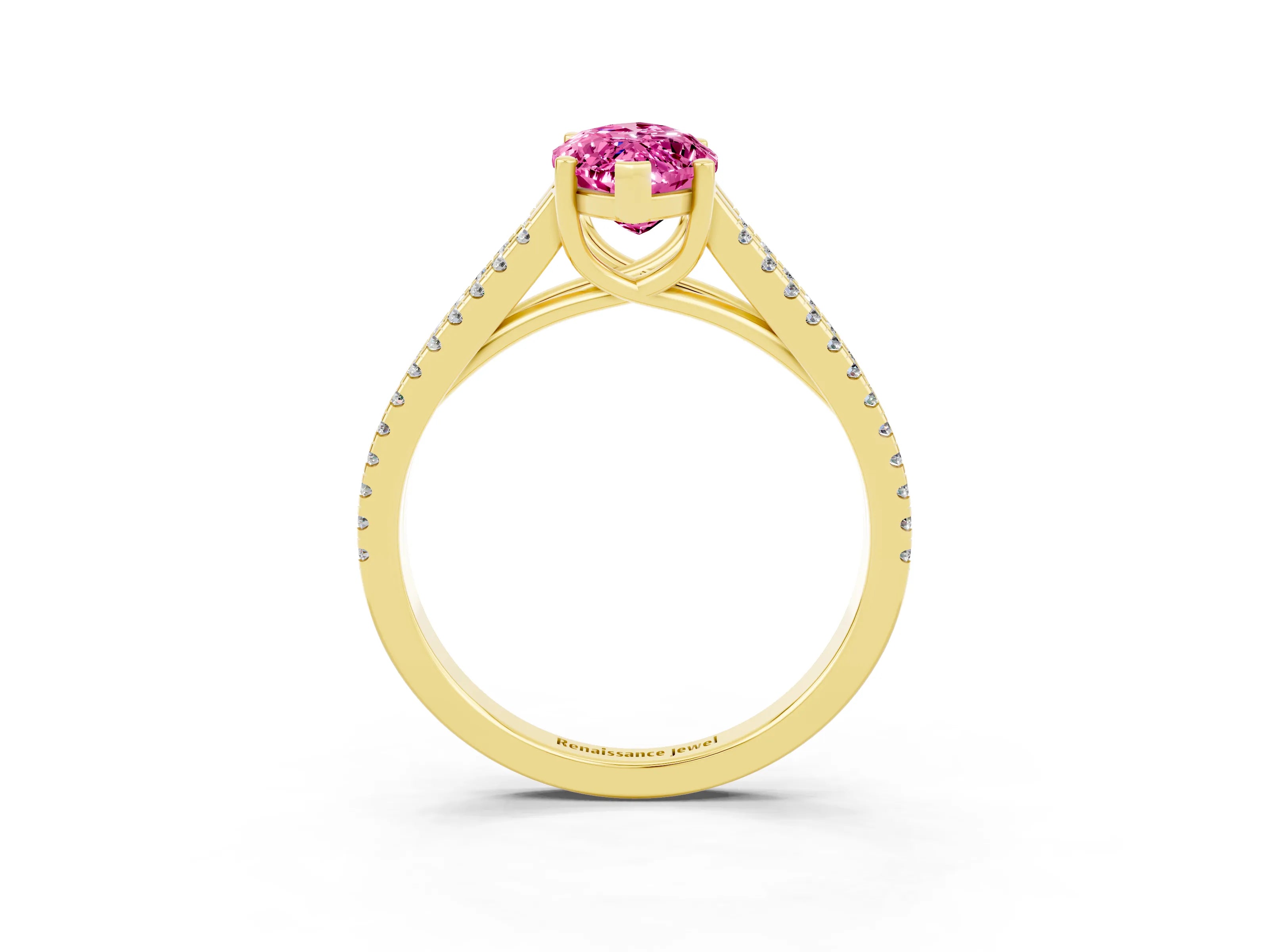 Yellow gold Marquise Cut Pink Sapphire Solitaire Engagement Ring with Split Shank Pavé Band_15