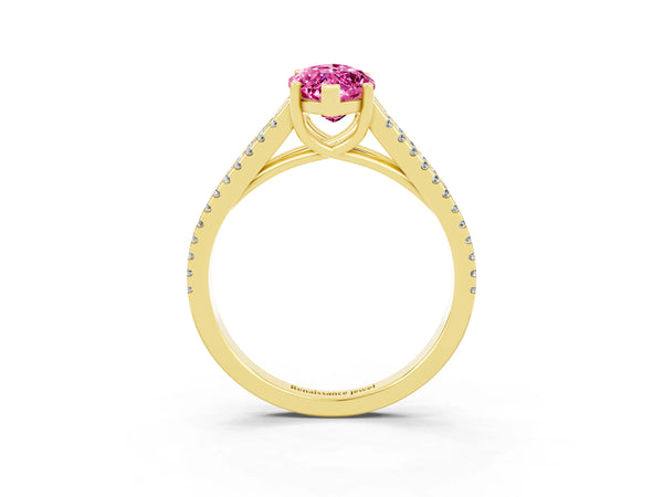 Yellow gold Marquise Cut Pink Sapphire Solitaire Engagement Ring with Split Shank Pavé Band