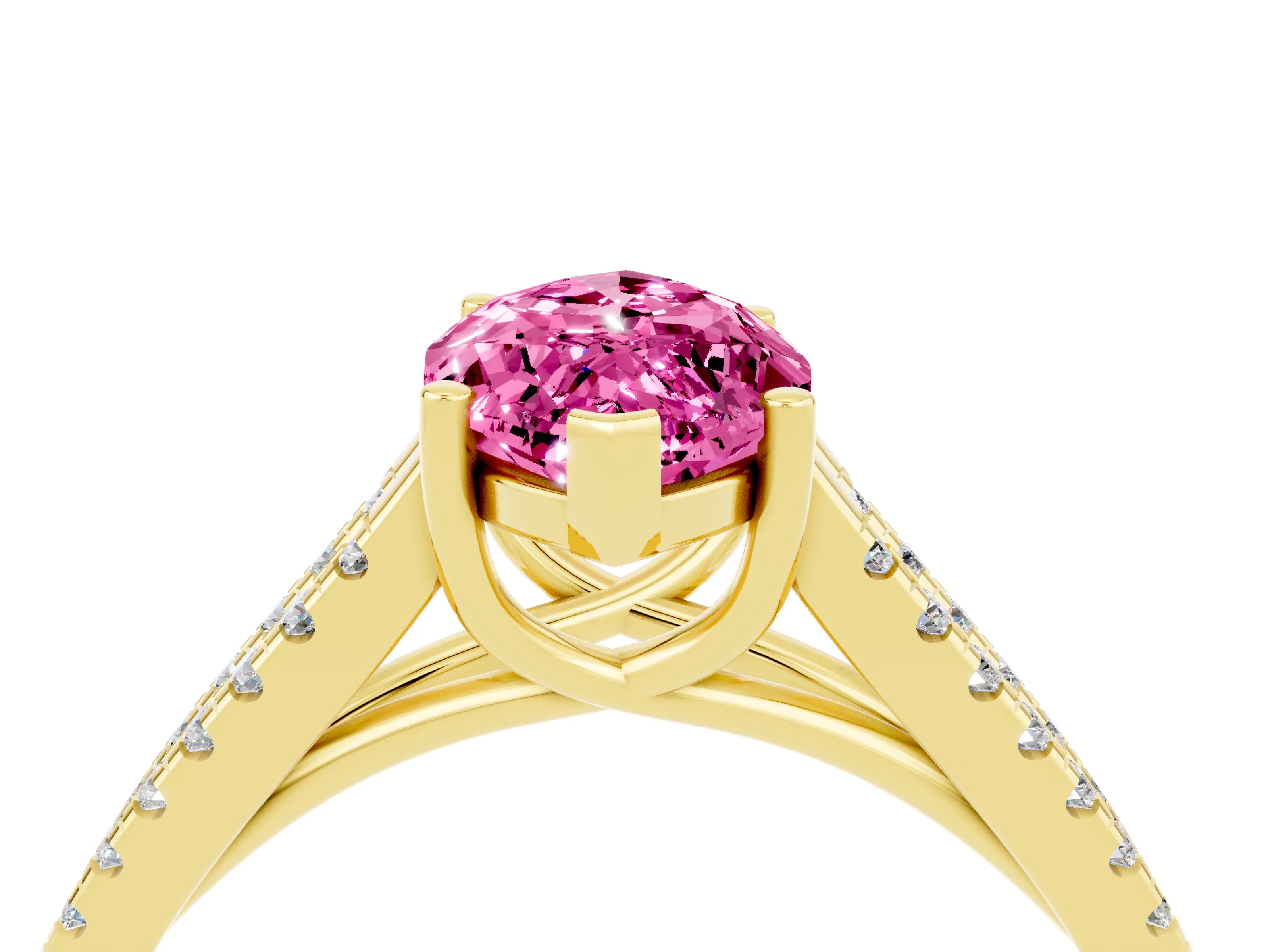 Yellow gold Marquise Cut Pink Sapphire Solitaire Engagement Ring with Split Shank Pavé Band_16