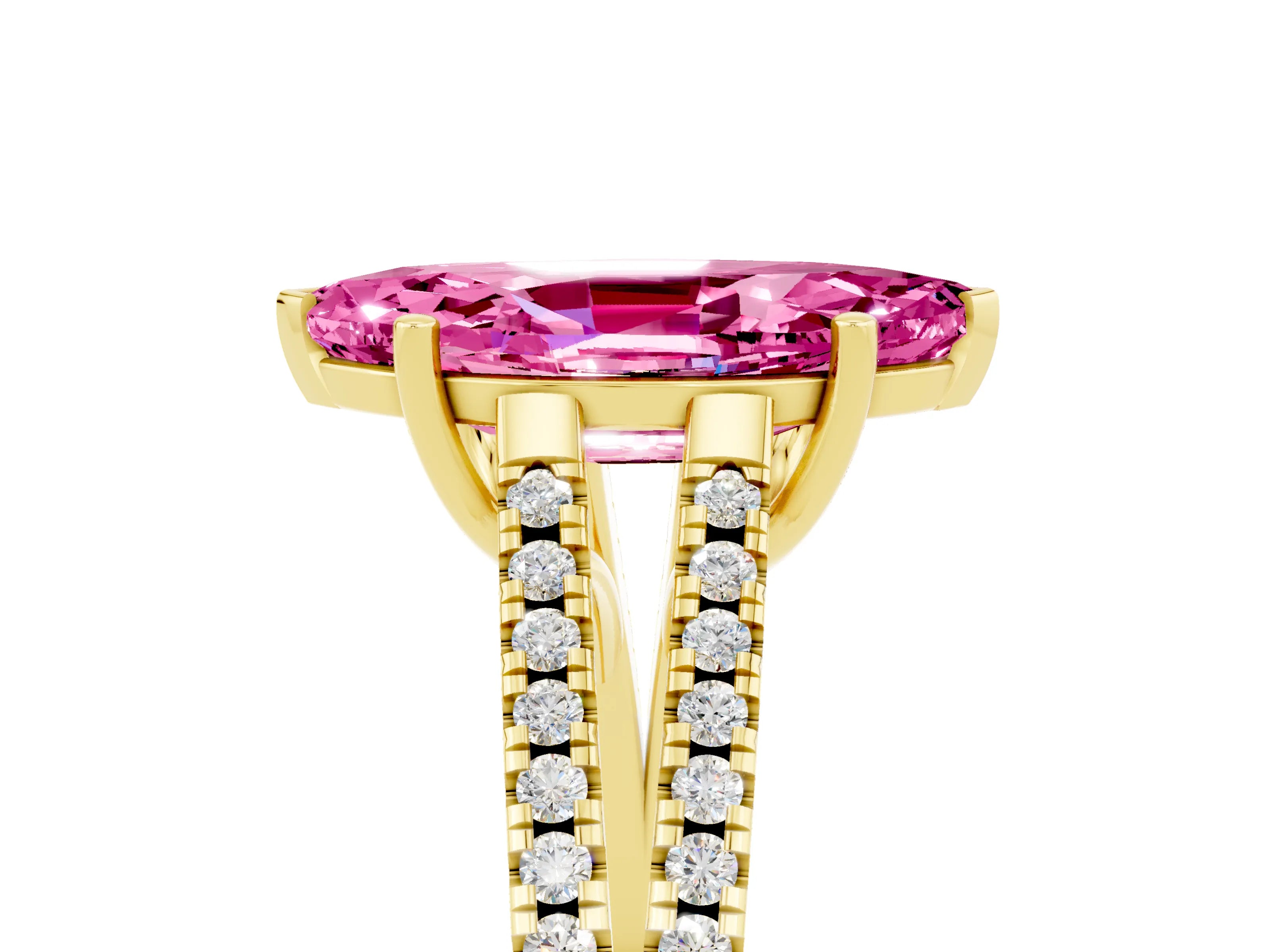Yellow gold Marquise Cut Pink Sapphire Solitaire Engagement Ring with Split Shank Pavé Band_17