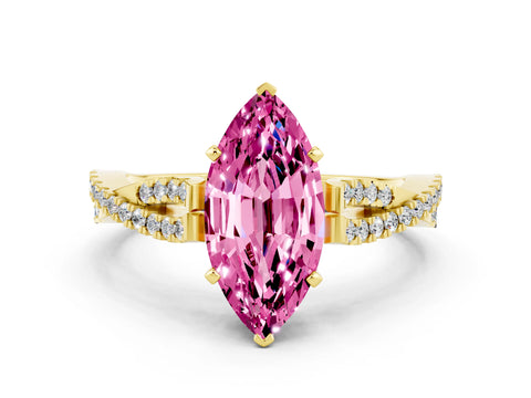 Yellow gold Marquise Cut Pink Sapphire Solitaire Engagement Ring with Twisted Pavé Band and Four-Prong Setting_12