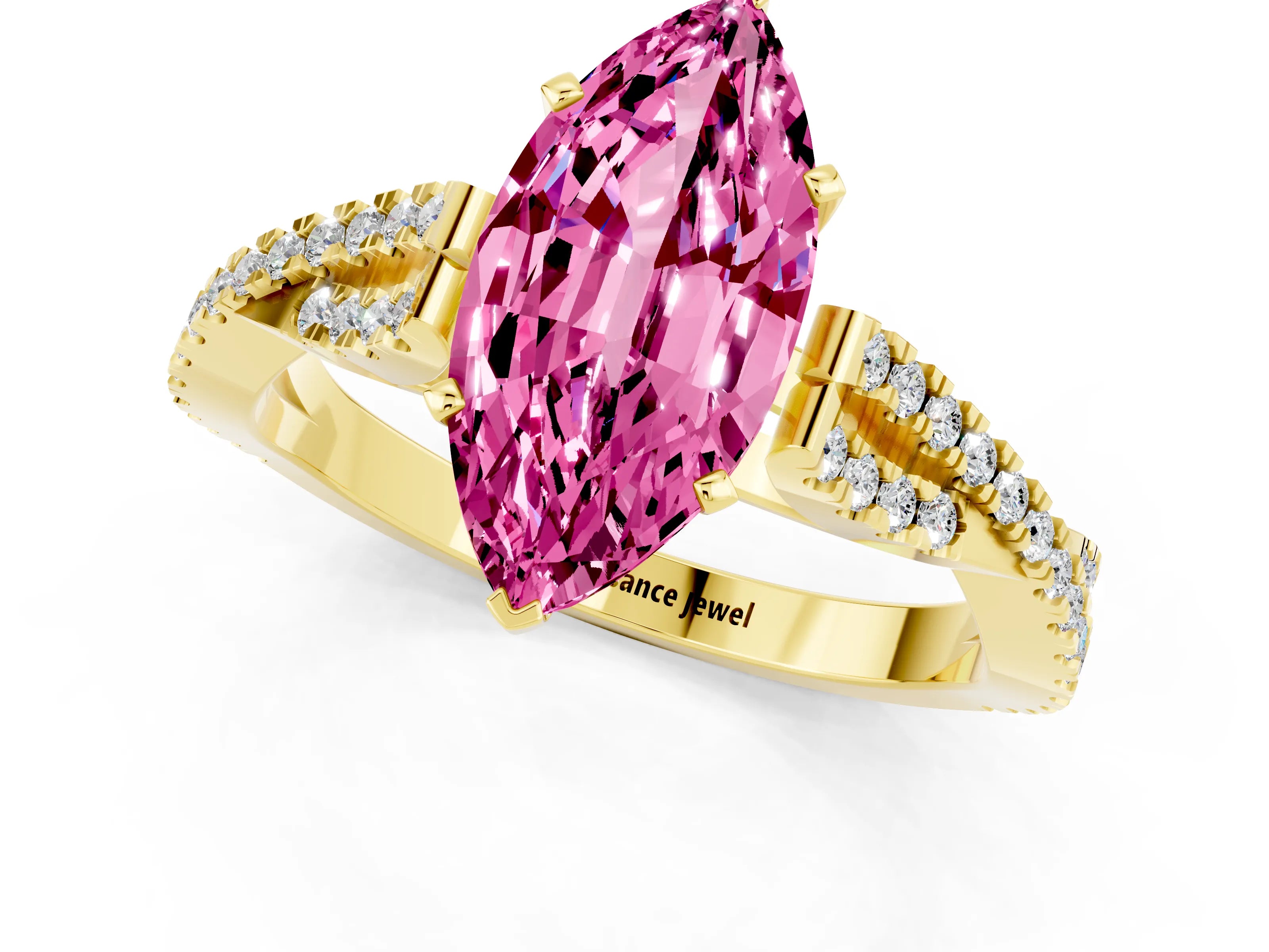 Yellow gold Marquise Cut Pink Sapphire Solitaire Engagement Ring with Twisted Pavé Band and Four-Prong Setting_13