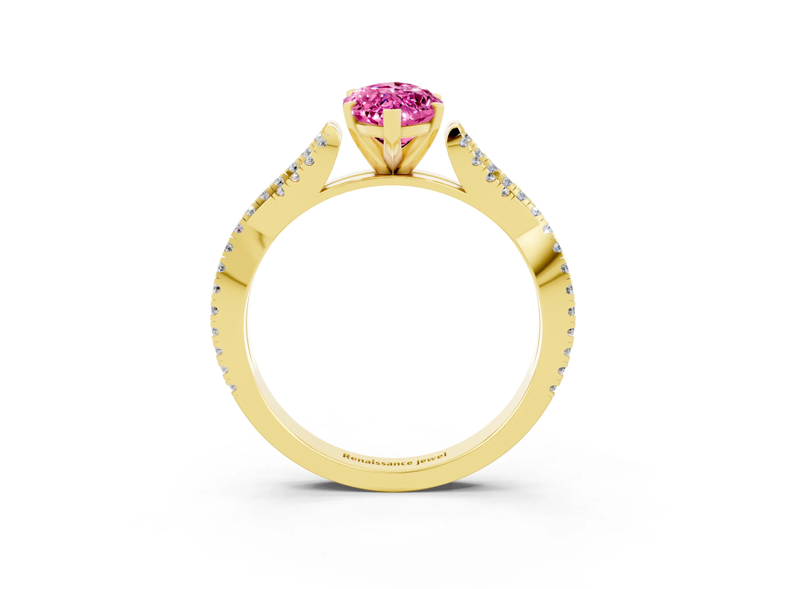 Yellow gold Marquise Cut Pink Sapphire Solitaire Engagement Ring with Twisted Pavé Band and Four-Prong Setting_15