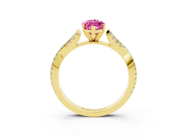 Yellow gold Marquise Cut Pink Sapphire Solitaire Engagement Ring with Twisted Pavé Band and Four-Prong Setting