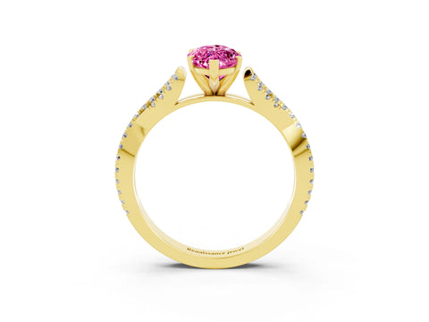 Yellow gold Marquise Cut Pink Sapphire Solitaire Engagement Ring with Twisted Pavé Band and Four-Prong Setting_15