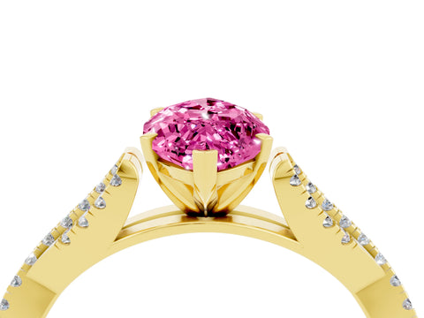 Yellow gold Marquise Cut Pink Sapphire Solitaire Engagement Ring with Twisted Pavé Band and Four-Prong Setting_16