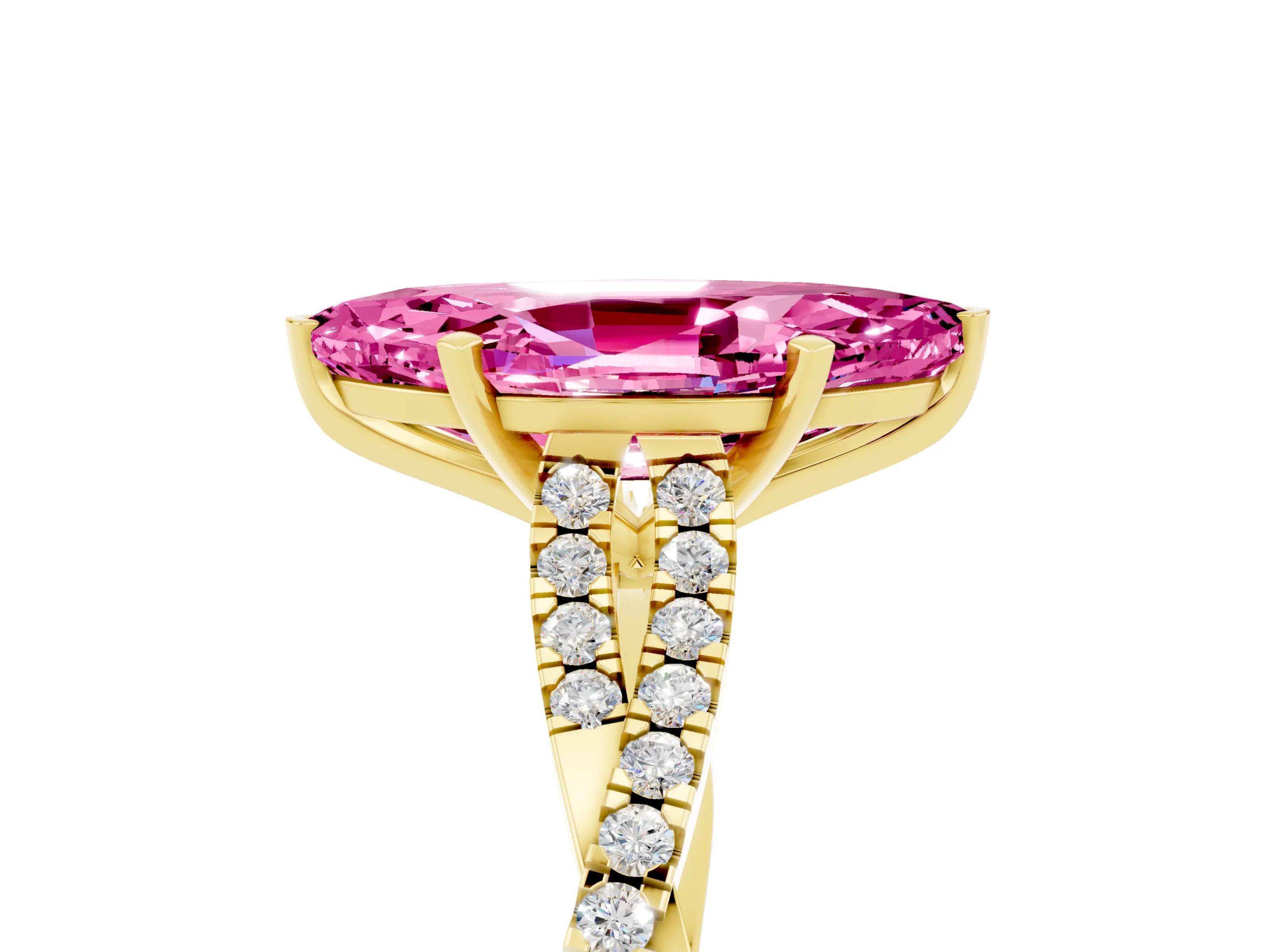 Yellow gold Marquise Cut Pink Sapphire Solitaire Engagement Ring with Twisted Pavé Band and Four-Prong Setting_17
