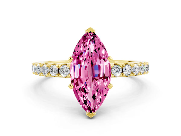 Yellow gold Marquise Cut Pink Sapphire Solitaire Pavé Band with Four-Prong Setting