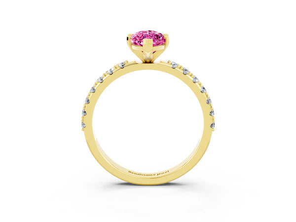 Yellow gold Marquise Cut Pink Sapphire Solitaire Pavé Band with Four-Prong Setting