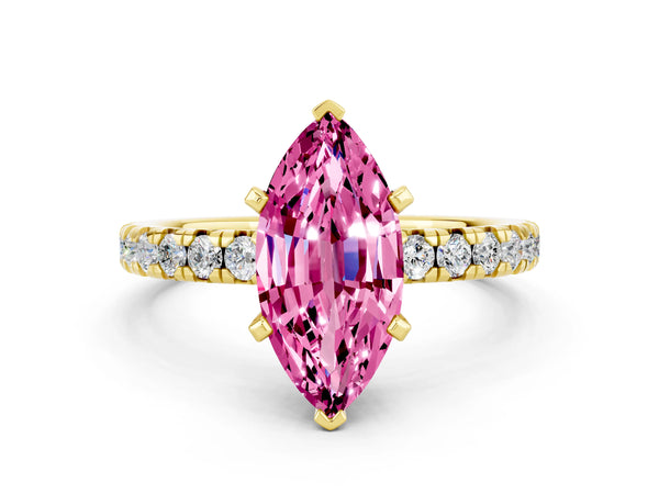 Yellow gold Marquise Cut Pink Sapphire Solitaire Pavé Engagement Ring with Round Band and Prong Setting